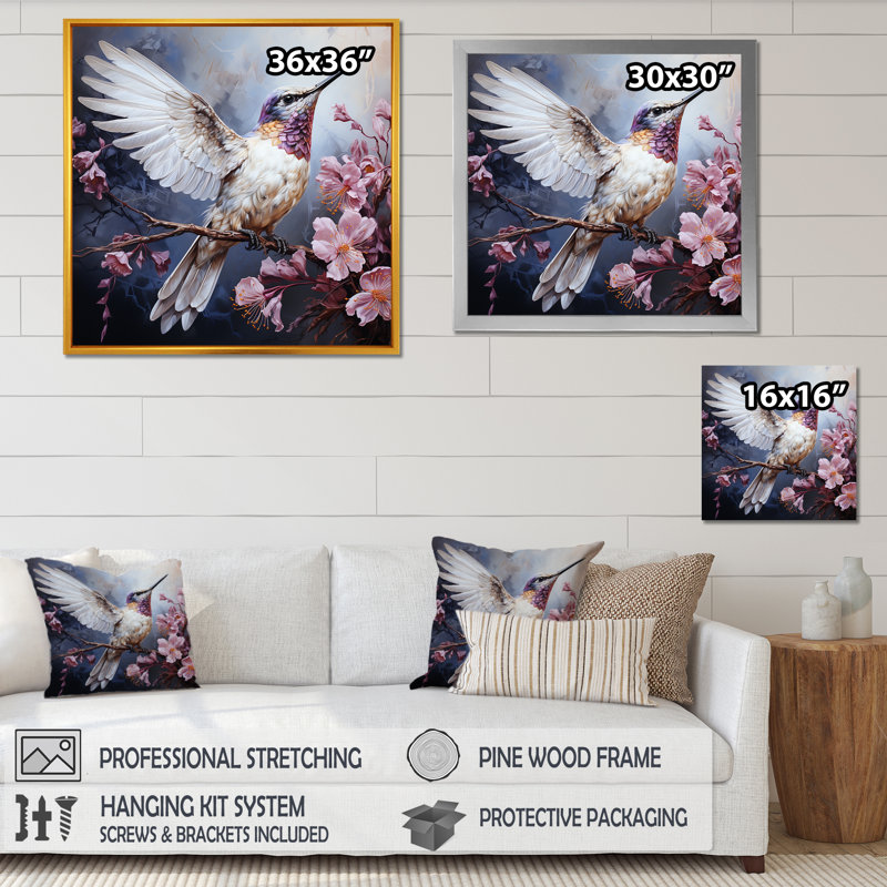 Humminbirds floral Whimsical Whisper 1 II - Hummingbird, reproduction d'art sur toile, Cadre flottant blanc