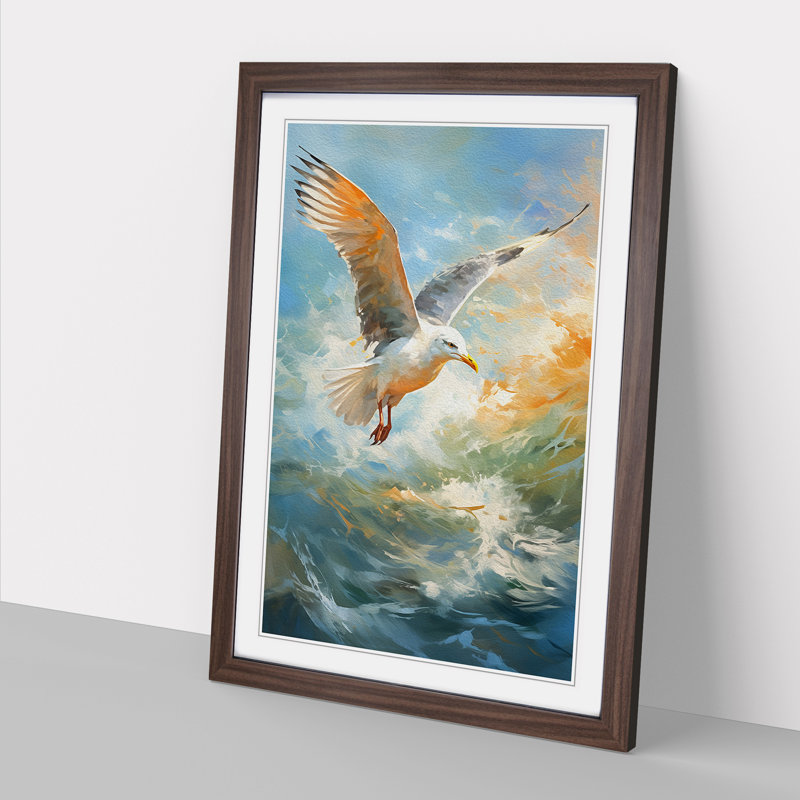 Seagull Impressionism - Single Picture Frame Print on Wood, Walnut, 46cm H x 34cm W x 2cm D
