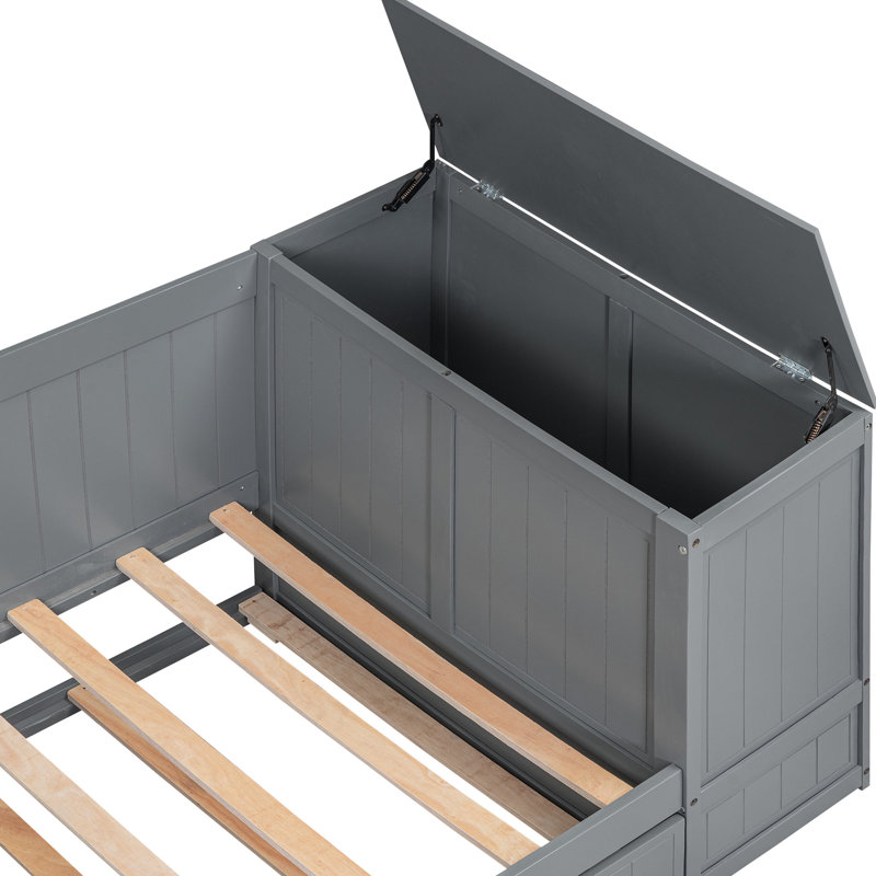 Grey Twin Daybed With Glassware Storage, Trundle - Wood Frame Charging Size Practical Build, Grey