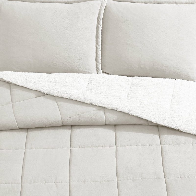 Annie Wrangler Legendary Solid Microsuede/Sherpa Reversible Comforter Set, Ivory, Queen Comforter + 2 Standard Shams