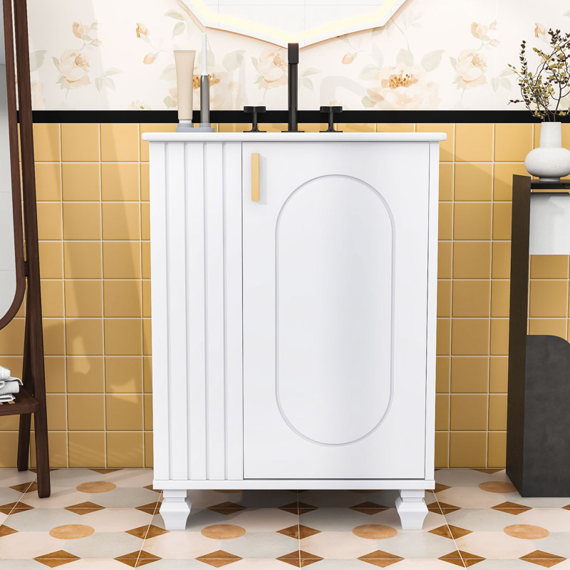 Meuble-lavabo rétro avec lavabo et structure en bois robuste, rangement spacieux, Blanc