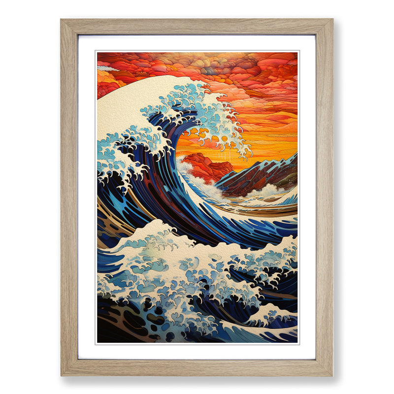Wave Japanese Contemporary Art - Framed Print, Oak Framed, 46cm H x 34cm W