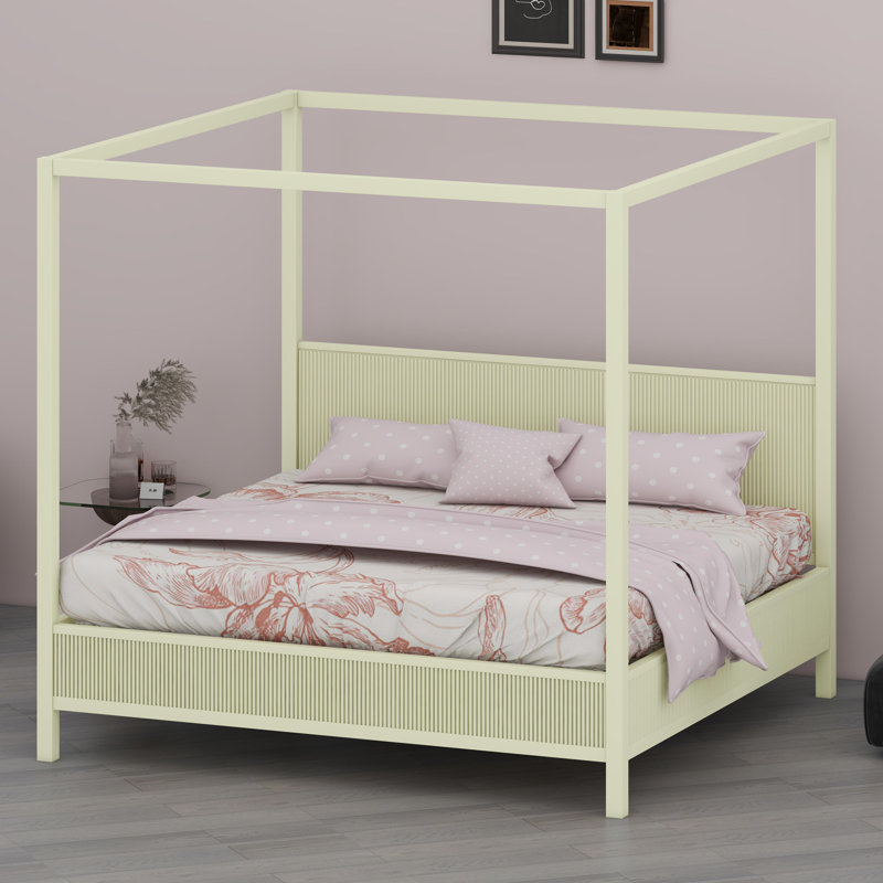 Lit plateforme à baldaquin en bois avec lattes de soutien renforcées, Beige