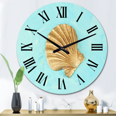 Golden Seashell On Light Blue - Nautical & Coastal wall clock