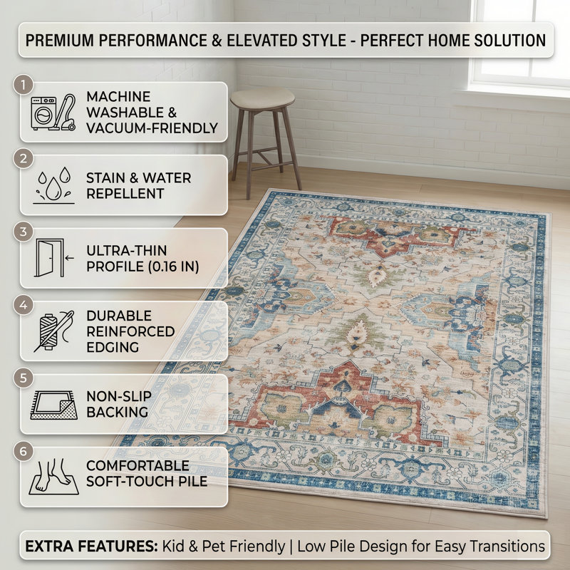 Machine Washable Vintage Oriental Area Rug Non-Slip Backing Blue/Beige/Rust Indoor Carpet for Living Room, Bedroom, Hallway Runner