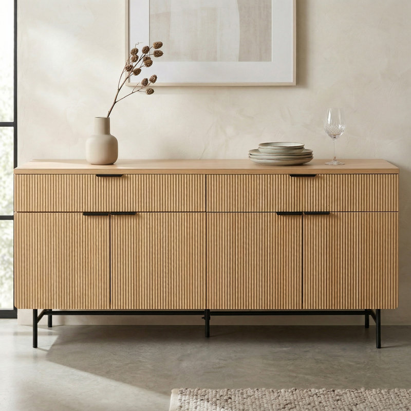 69" Fluted Sideboard Buffet Cabinet With 2 Drawers & 4 Doors, Soft-Close Hinges, Modern Storage Cabinet, Black/Light Oak