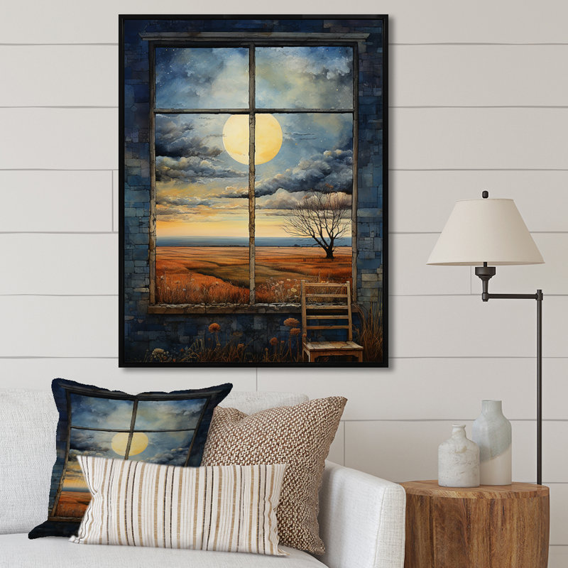 Meadow Horizon Farmhouse Windows I - Art mural de fenêtres de ferme, Cadre flottant noir, H 32 po x l 24 po x P 1 po