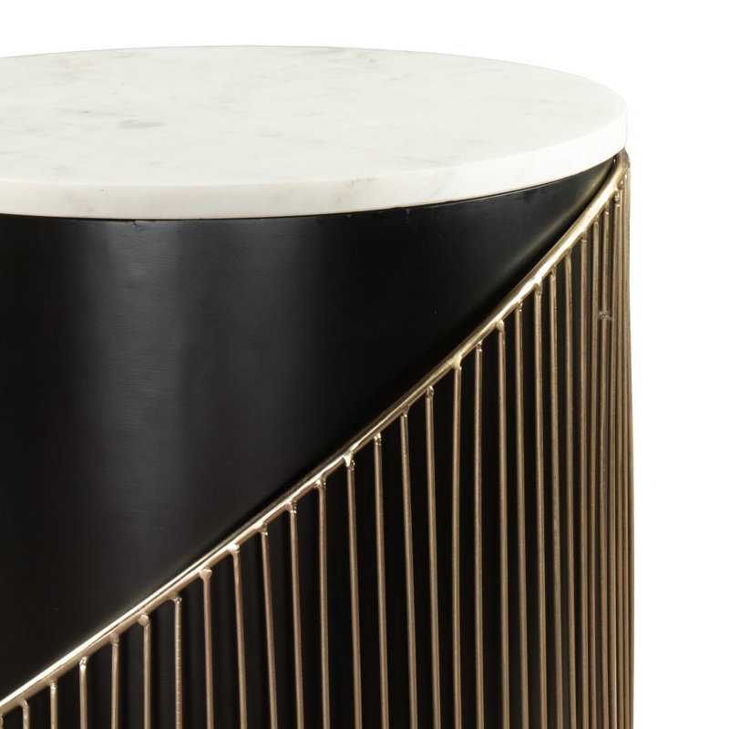 Table de bout cylindrique 22 po en fer et bois marbré blanc et noir