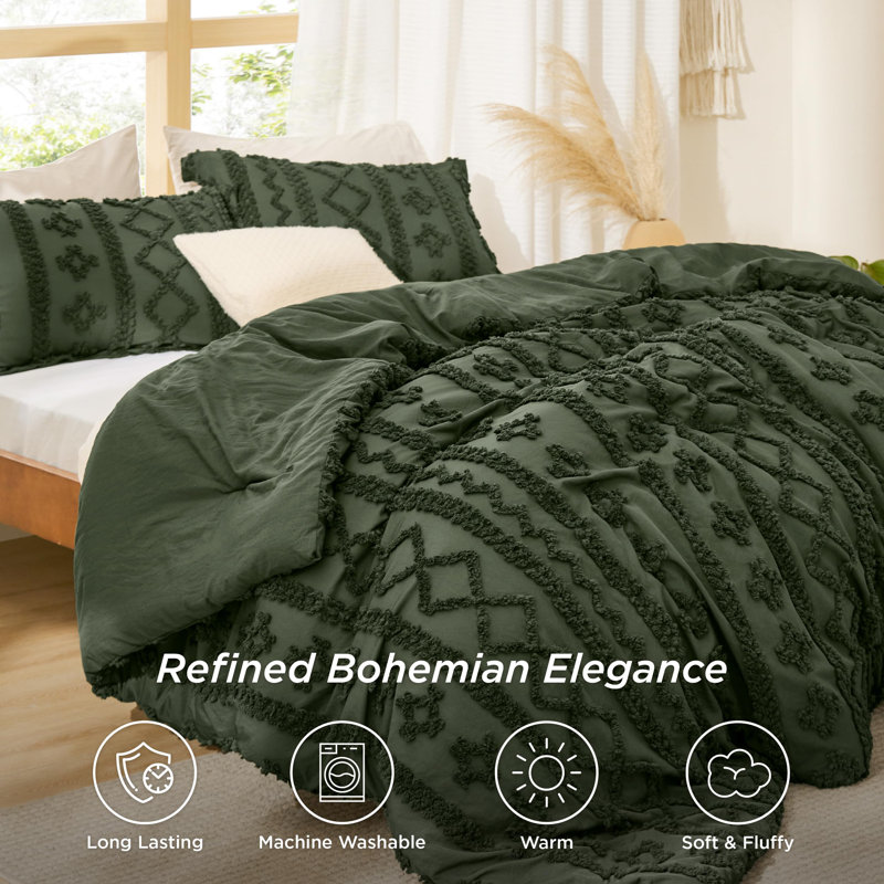 Ensemble de literie Boho, Housse de couette simple et insert + 2 taies déco, Vert