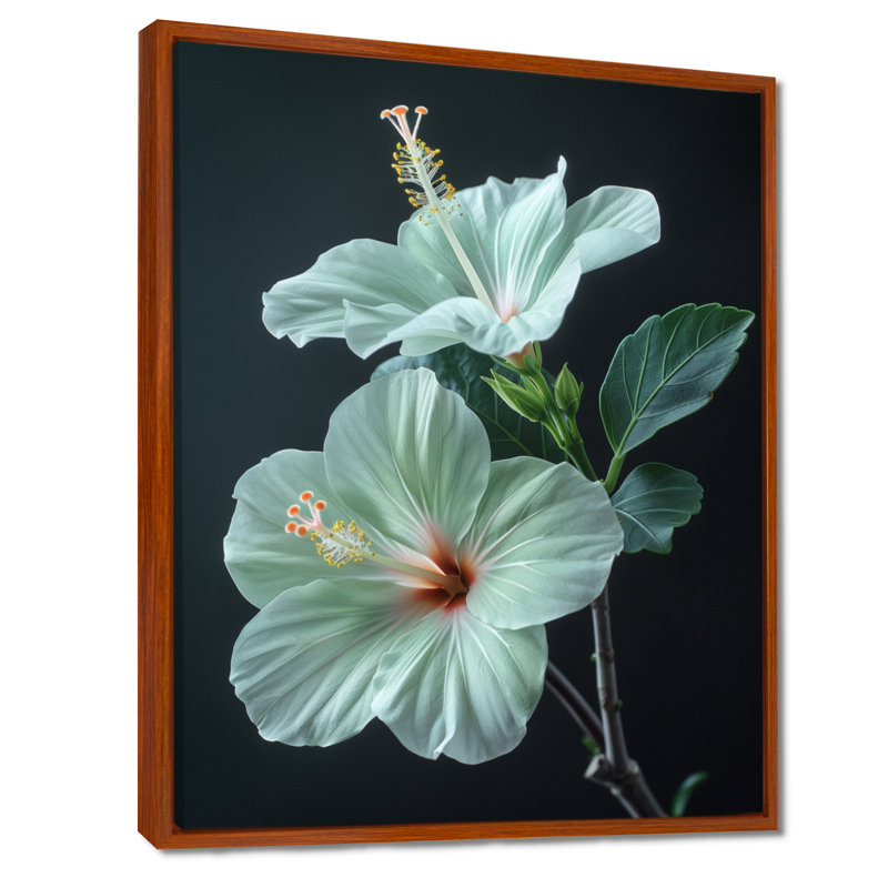 Hibiscus vert cristal II - Hibiscus, Cadre flottant brun, H 16 po x l 32 po