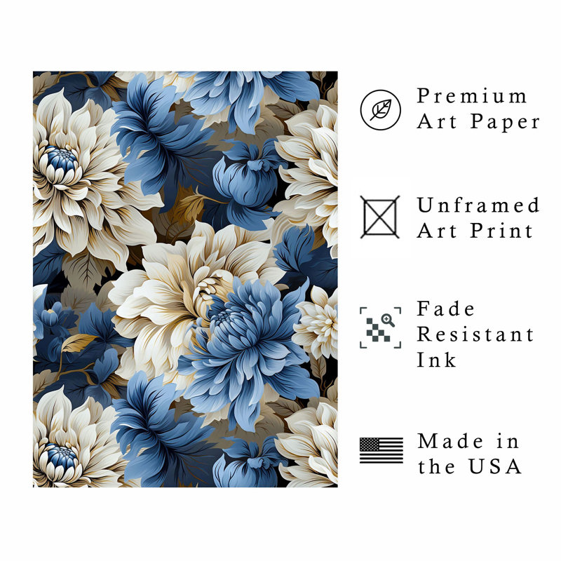 Floral pivoines bleues, impression d'art classique sans cadre, H 36 po x l 24 po