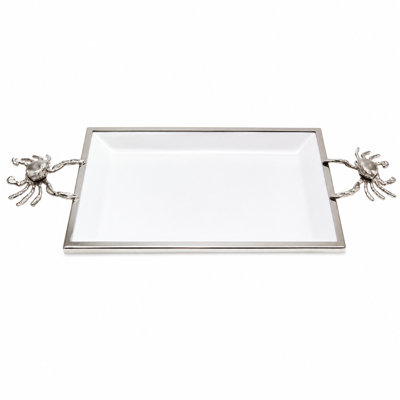White Ceramic Rectangular Serving Tray with Metal Crab Handles, 23" L
