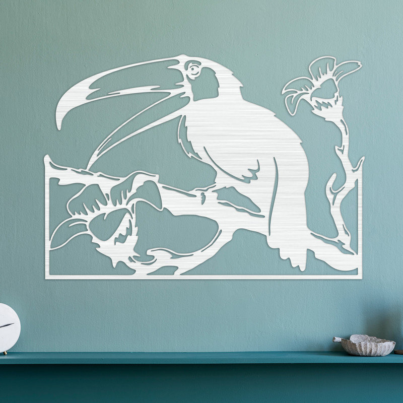 Art mural abstrait de Toucan, de fleurs et de branches d'arbre - ACM blanc (22,4 po x 32 po), H 22,4 po x l 32 po x P 0,25 po