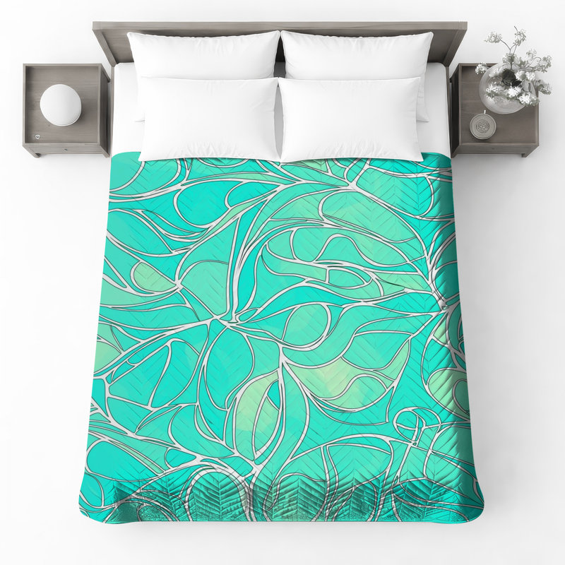 Couvre-lit matelassé à motif de feuilles abstraites turquoise, Grand lit