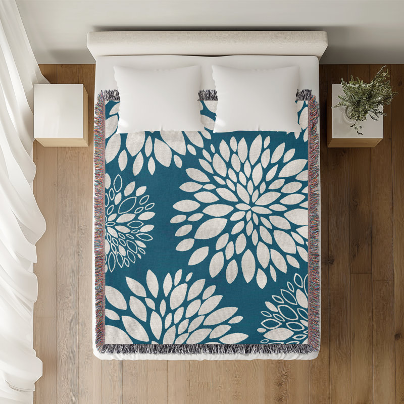 Jeté floral en coton, 50 x 70, Turquoise