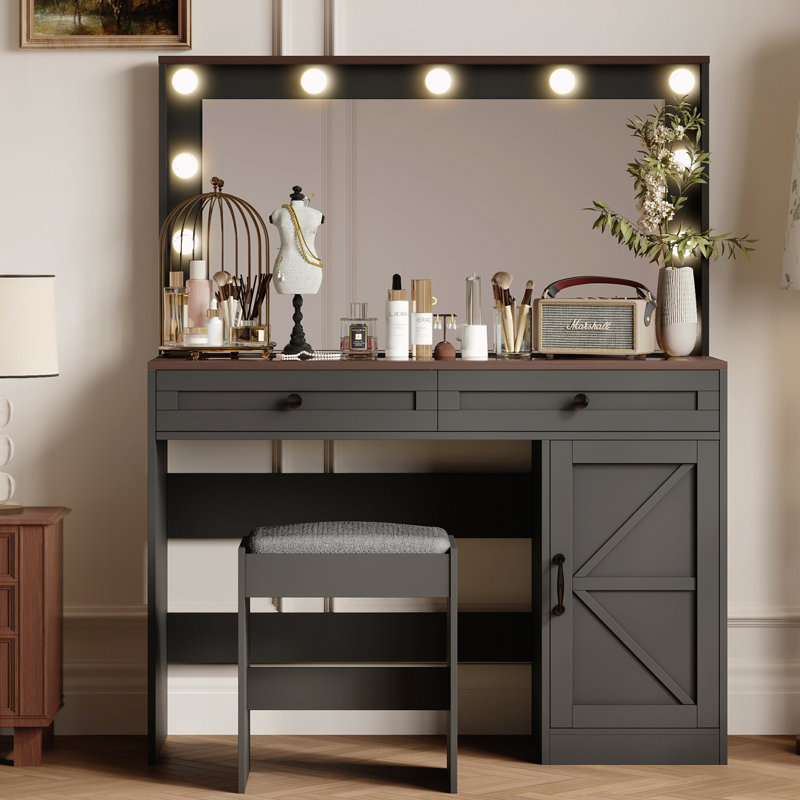 Coiffeuse, coiffeuse avec grand miroir et bande lumineuse à DEL (avec tabouret), Noir