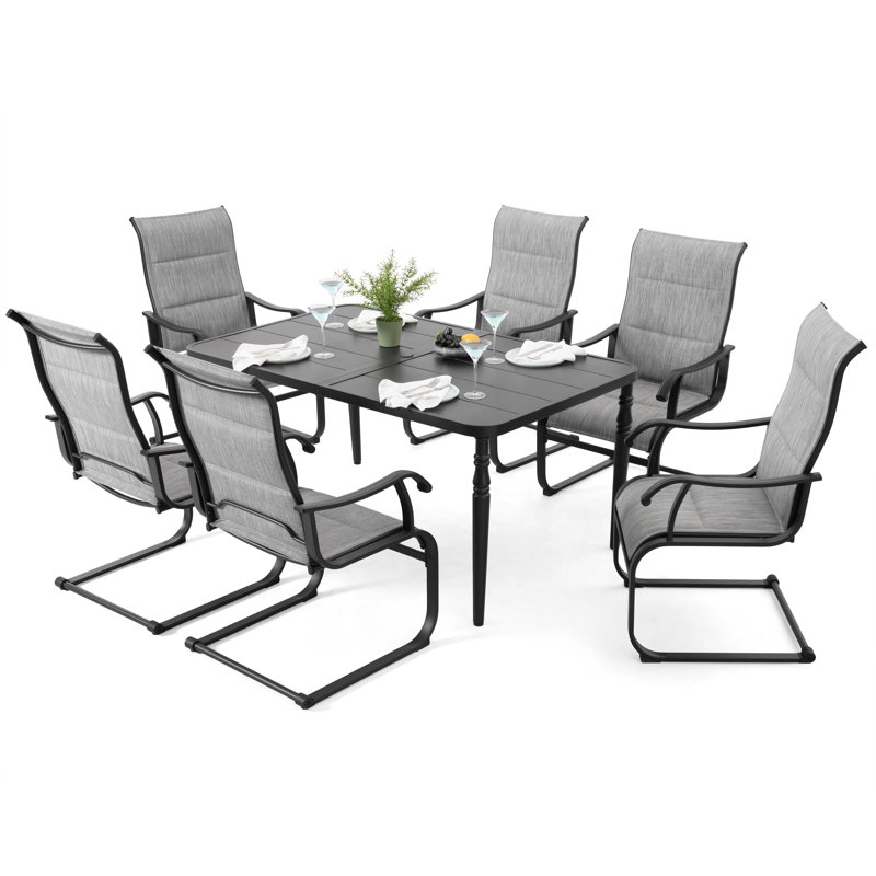 Patio 7-piece PVC-coated polyester Dining Set, C-spring Chair Legs And Umbrella Hole, Gray