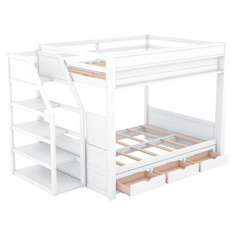 Lit superposé convertible blanc avec options de rangement: escalier, table, 3 tiroirs - rangement robuste et efficace, Blanc