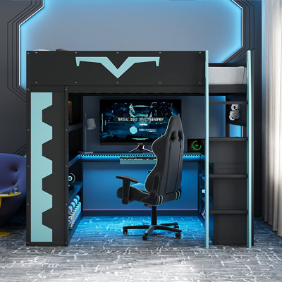 Lit mezzanine station de jeu tout-en-un Kovae avec bureau intégré, lumières DEL RVB, prise de courant et grande bibliothèque