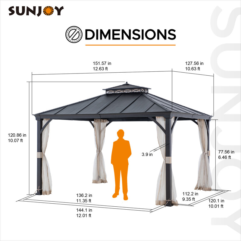 Sunjoy Black Metal 11x13 ft Hardtop Gazebo with Mesh Netting