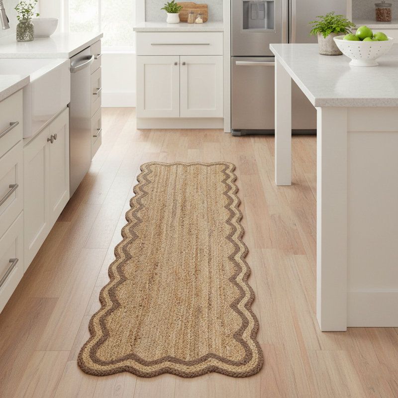 Ayanne Hand-Braided Scalloped Jute Brown Indoor Runner Rug with Non-skid Backing, Runner 2'6" x 7'9"