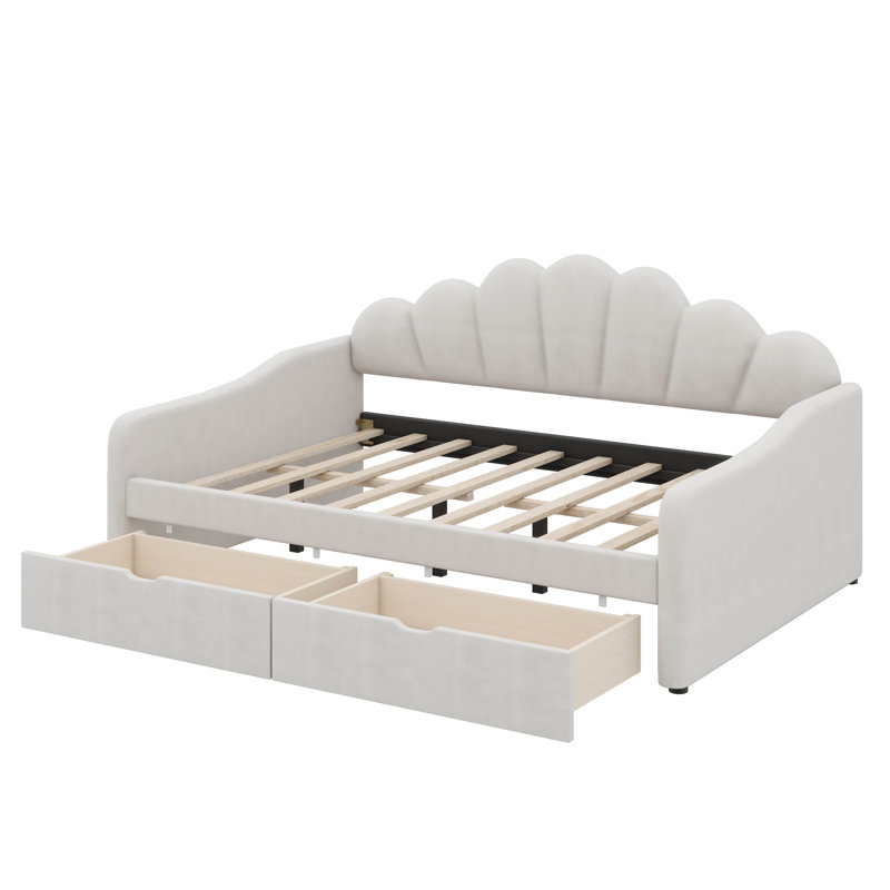 Full-Scale Modern Fabric-Draped Platform Bed Frame With Curved Headboard & Integrated Storage Drawers, Beige