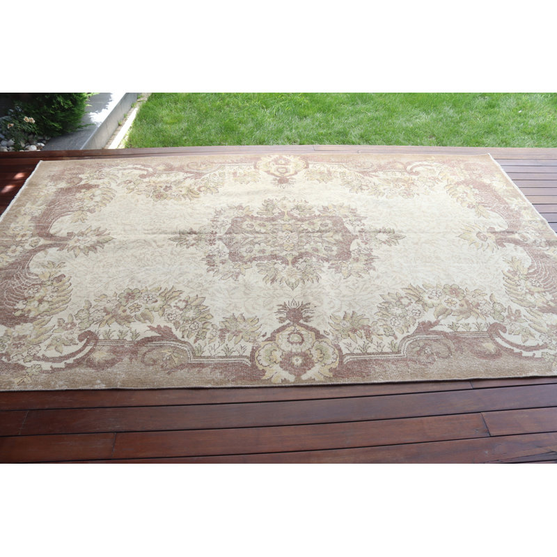 Grand tapis turc rétro de style Oushak avec motif beige et floral idéal pour la décoration de salon