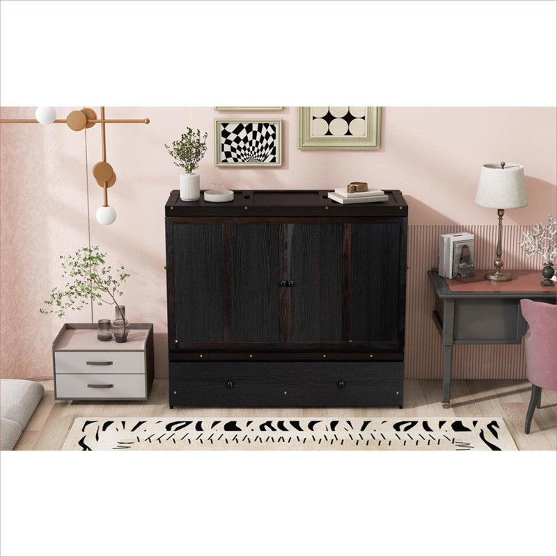 Lit escamotable pleine grandeur en bois massif brun brun avec port USB et tiroir de rangement pour les petites chambres