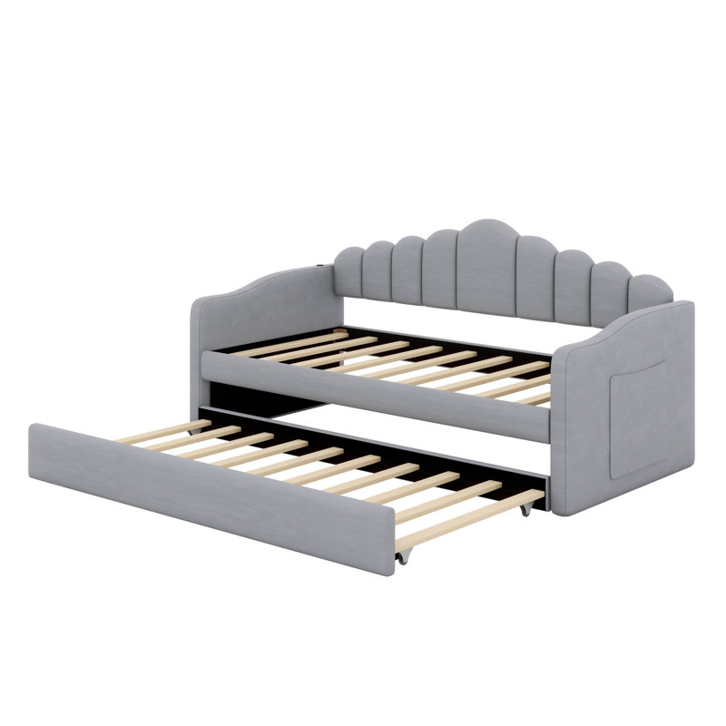 Twin Size Upholstered Daybed With Trundle,Velvet Sofabed With USB & Type-C Charging Ports, Side Storage Bag, No Box-Spring Needed