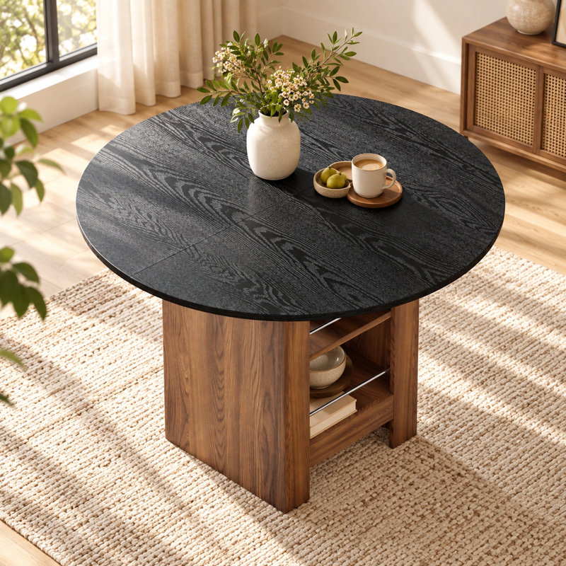 Table de salle à manger ronde moderne de 107 cm (42 po) en bois d'ingénierie noir avec rangement, Noir
