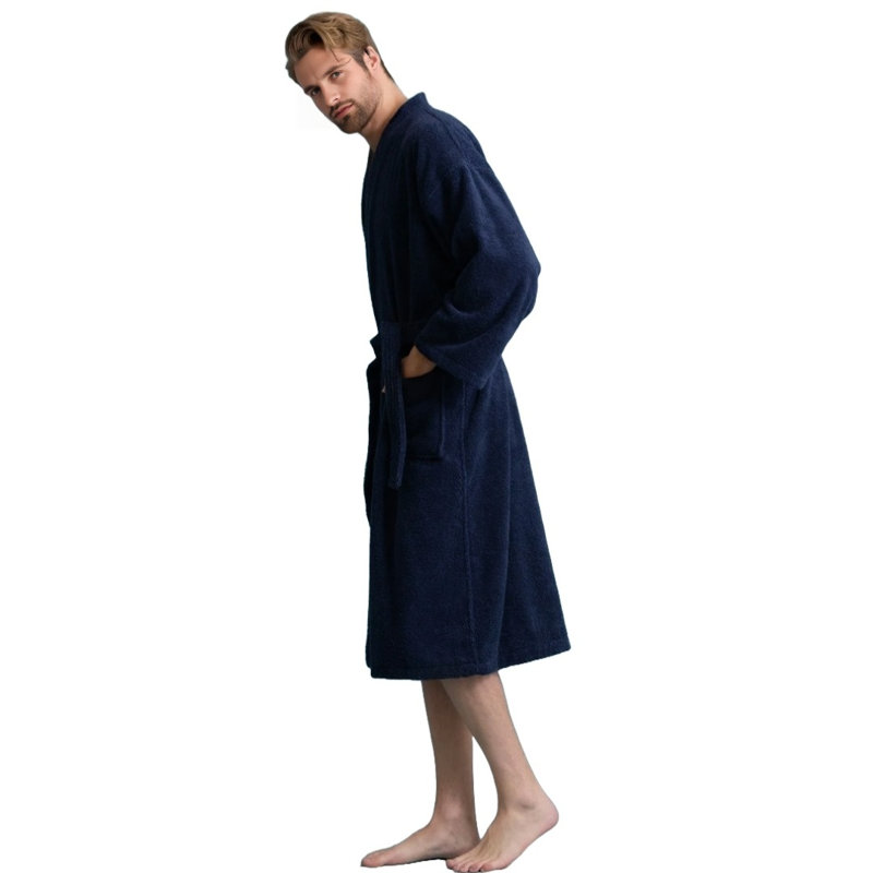 Peignoir mi-mollet 100% coton avec poches Ladijah, Bleu marine
