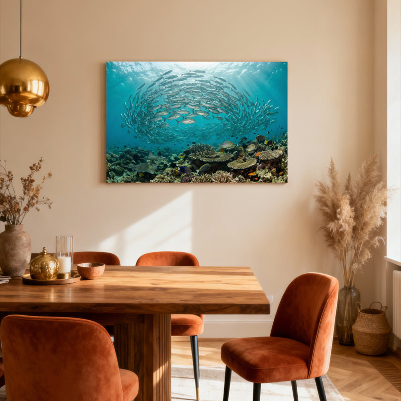 Ensemble de 1 tableau sur toile tendue représentant un banc de poissons de récif corallien sous-marin, H 28 po x l 40 po