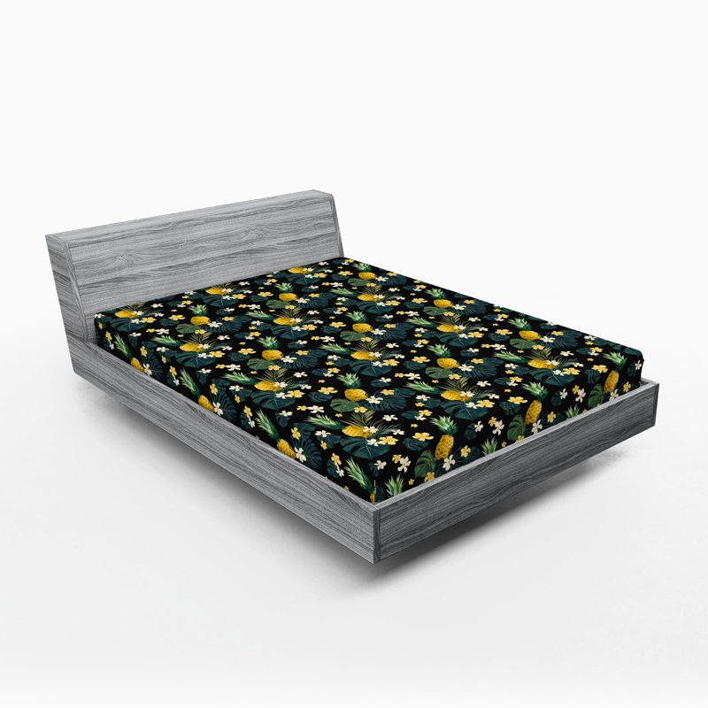 Drap-housse Ambesonne Jungle Boho Monstera feuilles fleurs bleu mer moutarde, Drap-housse grand