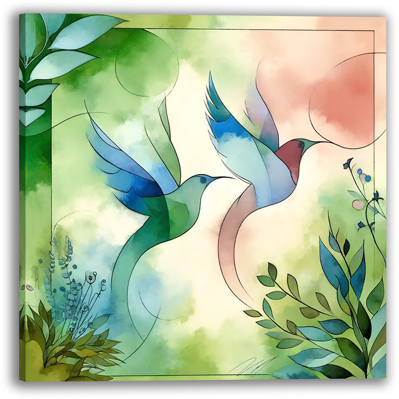 Aquarelle, vol: oiseaux stylisés à l'aquarelle, H 20 po x l 20 po x P 1,5 po