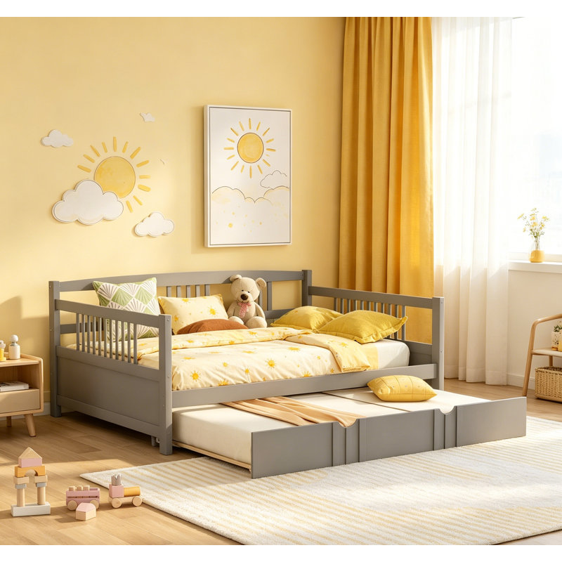 Lit de jour double en bois avec lit gigogne simple, gris, structure en pin robuste, conception peu encombrante, mobilier multifonctionnel pour les petits espaces