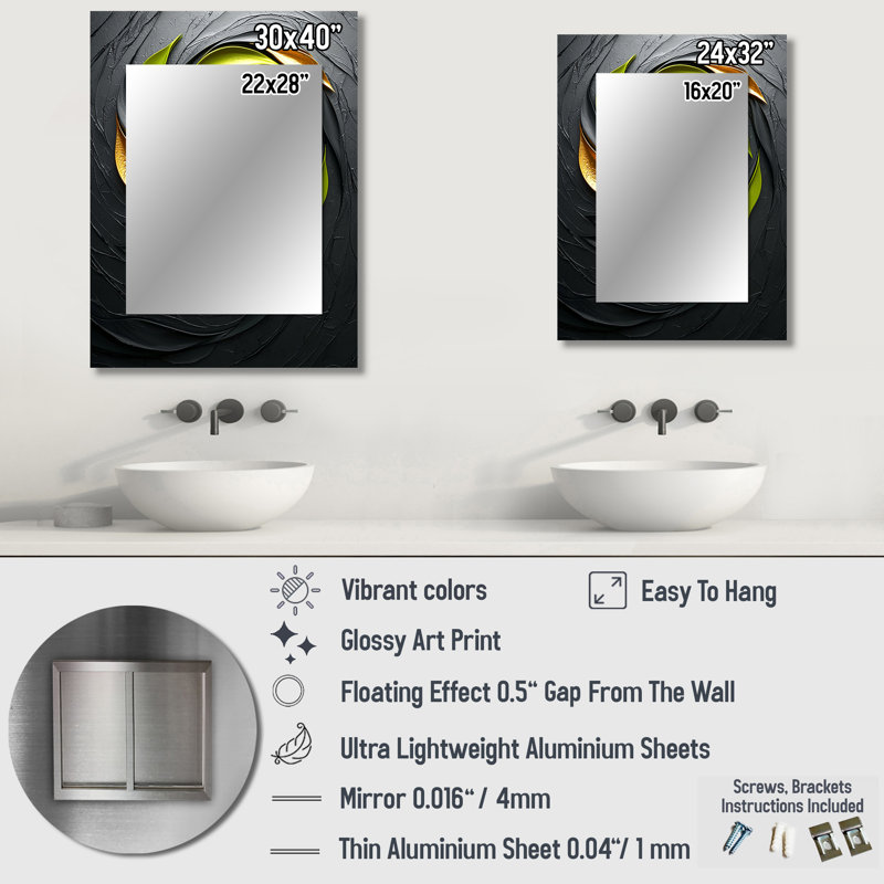 Green And Black Botanical Balance I - Botanicals Mirror, Green Unique Wall Mirror, Printed Metal Art, 40" x 30"