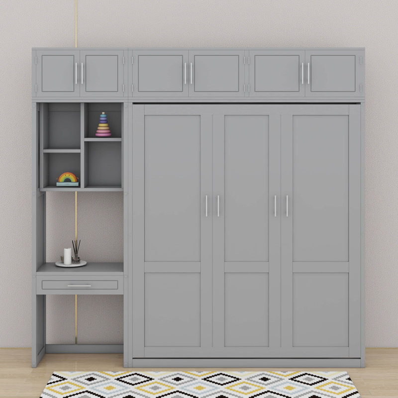 Lit escamotable mural avec bureau, armoire supérieure et tablettes de rangement, Gris, Grand lit
