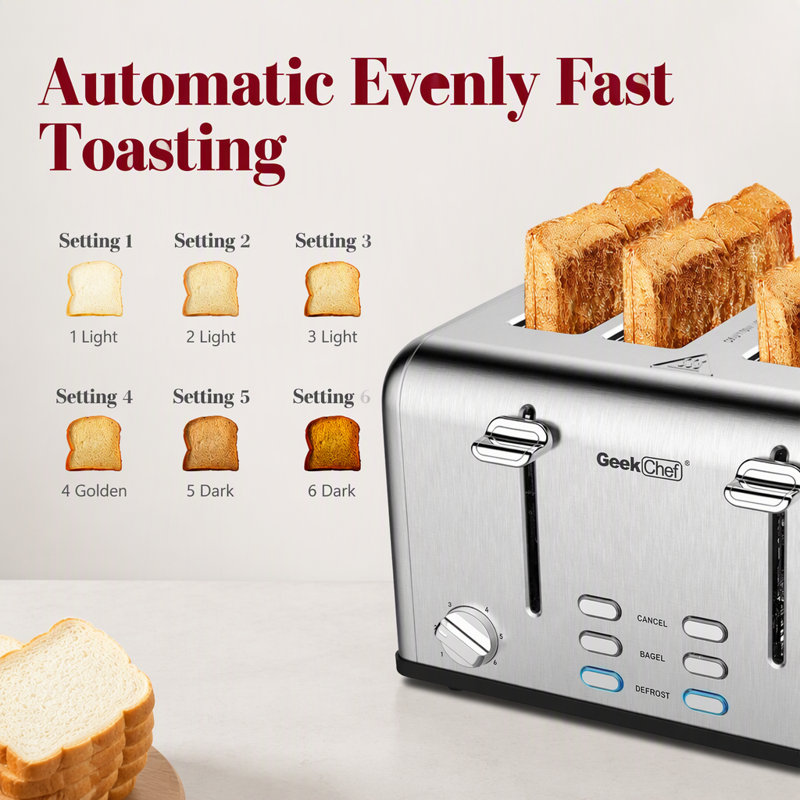 4-Slice Stainless Steel Toaster with Dual Independent Control and Extra Wide Slots