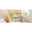 Lit mezzanine pleine grandeur en bois massif avec abat-jour naturel, garde-robe, rangement, garde-corps, escaliers et tablettes de rangement, garde-corps stable