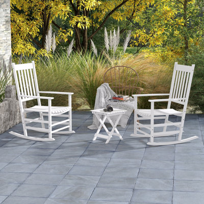 Outdoor Rocking Chair Set Of 2 With Side Table, Patio Woodenen Rocking Chair With Smooth Armrests