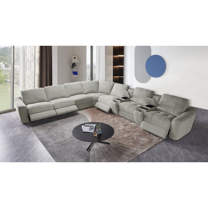 Upholstered Power Motion Modular 9-Piece 4-Recliner L-Sectional, with Wireless Charging & USB ports & Storage