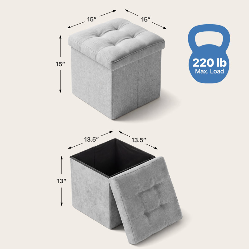 15" Folding Storage Ottoman, Upholstered Tufted Foldable Footstool With Padded Seat For Living Room Bedroom, Gray