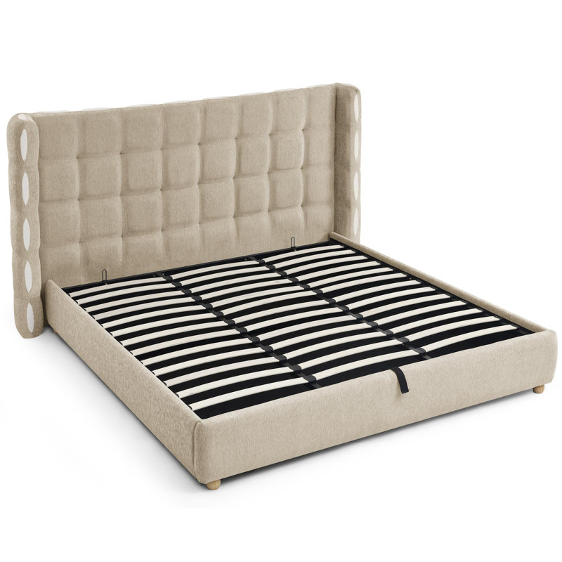 Lit plateforme de luxe avec vérin à gaz et grand rangement sous le lit, très grand lit gaufré à oreilles en chenille