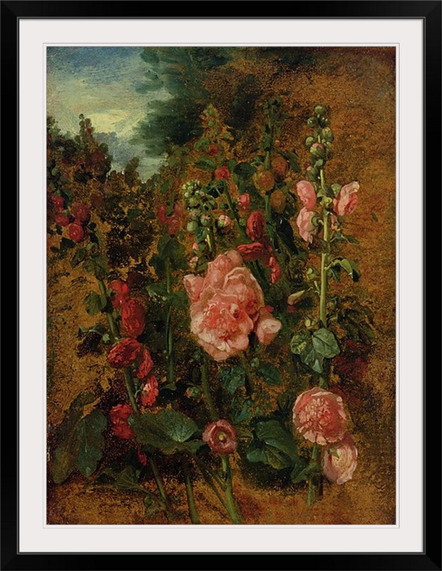 «Study of Hollyhocks», vers 1826 par John Constable - reproduction imprimée, H 32 po x l 25 po x P 1 po, Cadre noir