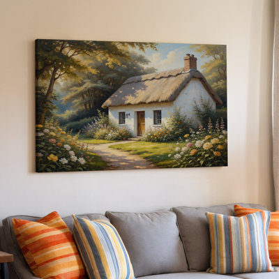 Rustic Thatched Cottage Garden Flowers Landscape Canvas Wall Art Print For Living Room, Bedroom, Office, Hallway, Entryway, Gallery Wall And Modern Home Decor