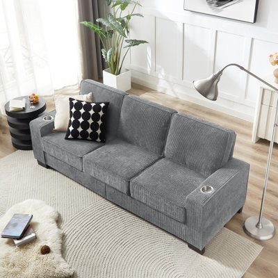 83,86 "Salon Velours côtelé comprimé - Gris 3 avec porte-gobelets pour chambre à coucher, bureau