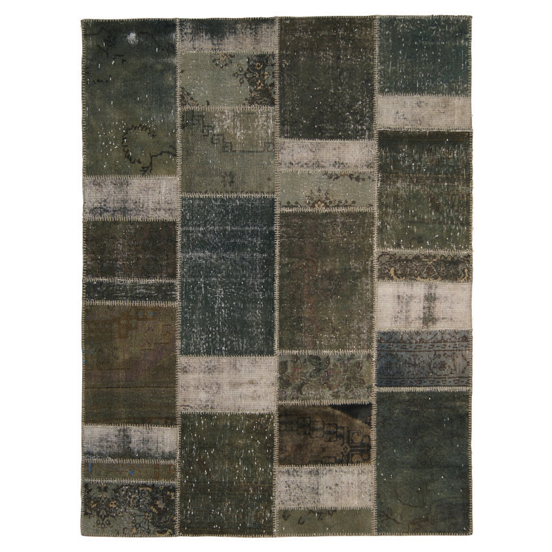 Tapis brun foncé / blanc / gris en laine noué à la main à motif patchwork de conception unique 6 pi x 8 pi