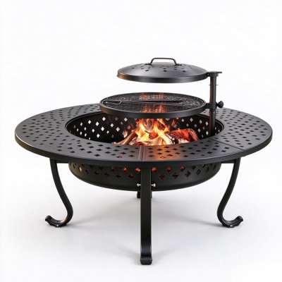 Table de foyer d'extérieur au feu de bois en acier avec grils réglables et couvercle - Barbecue de patio