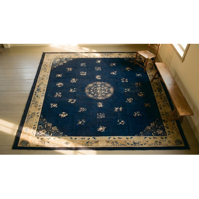 Antique Wool Hand Knotted Pile Blue 1900s Rug
