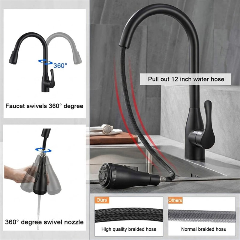 Robinet d'évier de cuisine noir à poignée simple à poignée simple avec 4 modes de pulvérisation, acier inoxydable à un niveau avec douchette rétractable